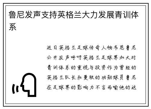 鲁尼发声支持英格兰大力发展青训体系
